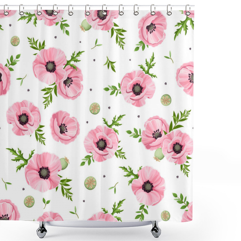 Personality  Vector Seamless Pattern With Pink Poppy Flowers On A White Background Shower Curtains