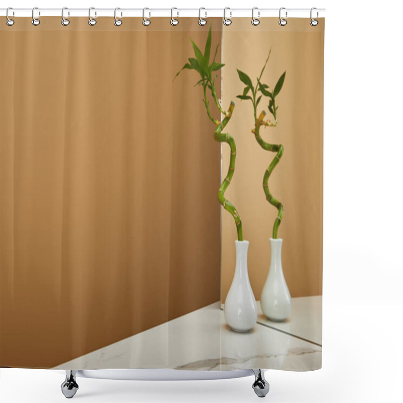 Personality  Green Bamboo Stem In Vase And Mirror On White Marble Table And Beige Background Shower Curtains