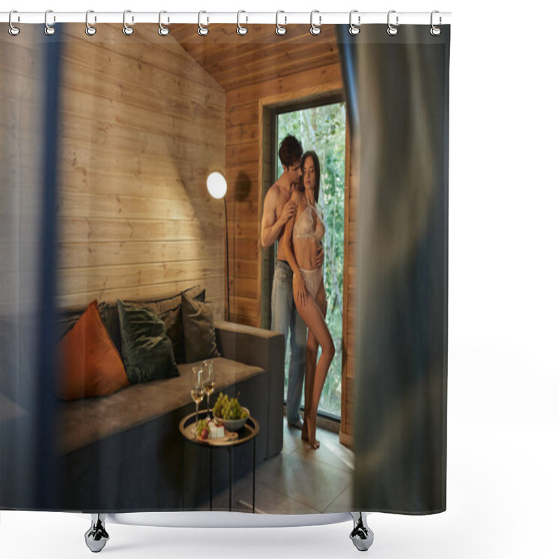 Personality  Sensual Man Touching Attractive Girlfriend In Lingerie Near Wine And Food In Vacation House Shower Curtains