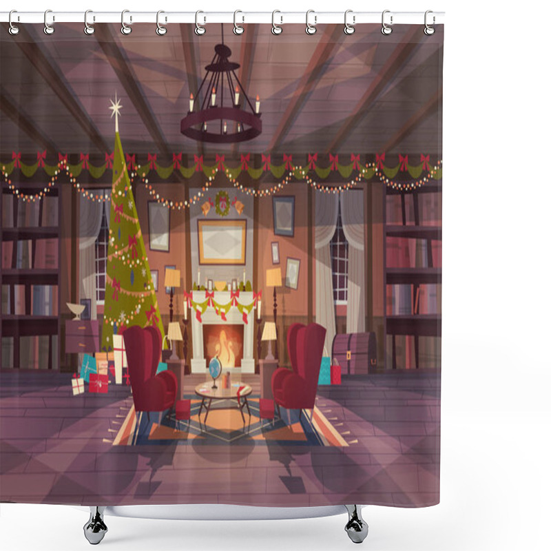 Personality  Living Room Decorated For Christmas And New Year, Empty Armchairs Near Pine Tree And Fireplace, Home Interior Decoration Winter Holidays Concept Shower Curtains