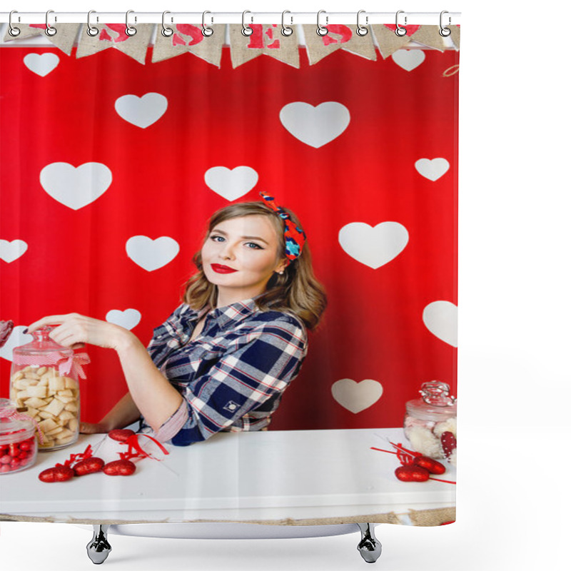 Personality  Beautiful Young Woman In Pin-up Style On Red With White Hearts Background Shower Curtains