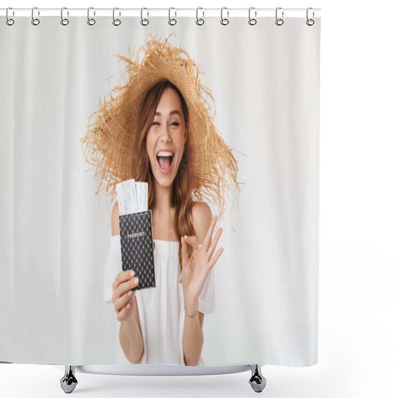 Personality  Portrait Of Excited Woman 20s Wearing Big Straw Hat Rejoicing While Holding Passport With Tickets Isolated Over White Background Shower Curtains