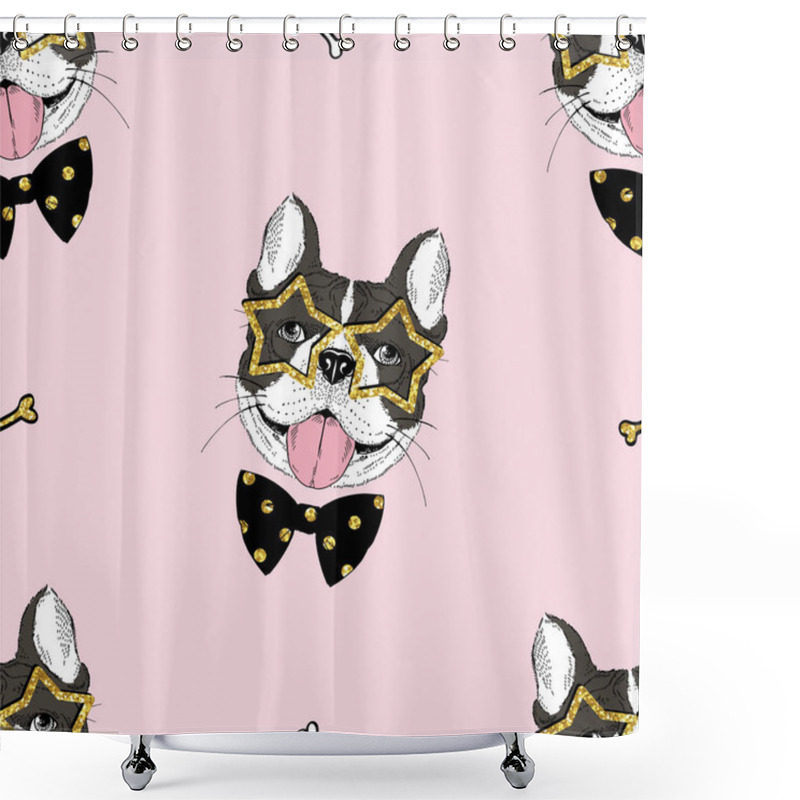 Personality  Cute Dog Wearing Bow Tie Hand Drawn Vector Seamless Pattern Shower Curtains