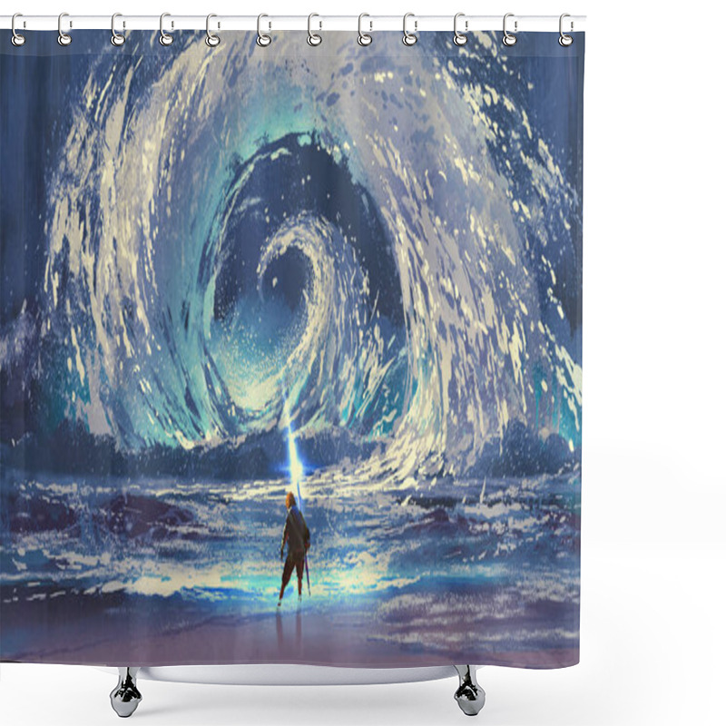 Personality  Man With Magic Spear Makes A Swirling Sea In The Sky, Digital Art Style, Illustration Painting Shower Curtains