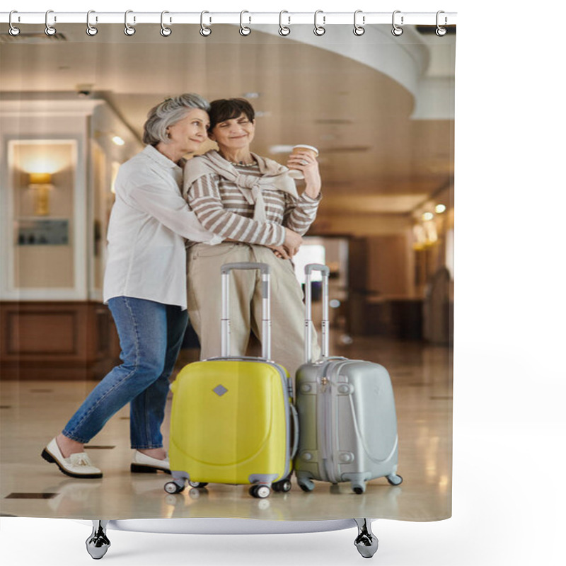 Personality  Senior Lesbian Couple Ready For Adventure With Luggage In Hand. Shower Curtains