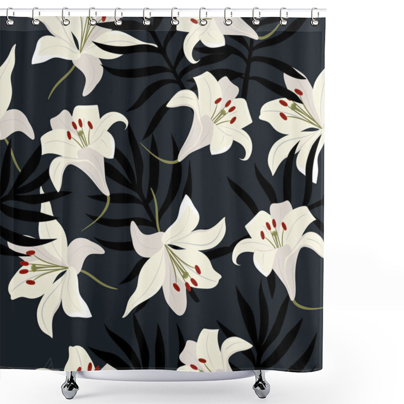 Personality  Seamless Pattern With White Lilies And Leaves. Vector Image. Shower Curtains