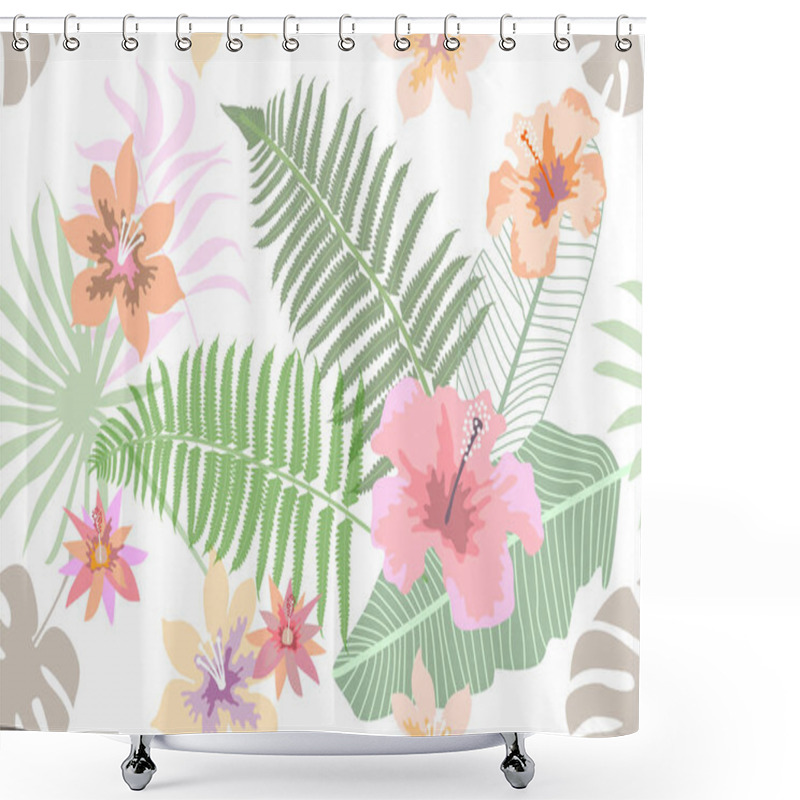 Personality  Delicate Botanical Print With Forest Ferns, Palm Leaves And Flowers.  Shower Curtains