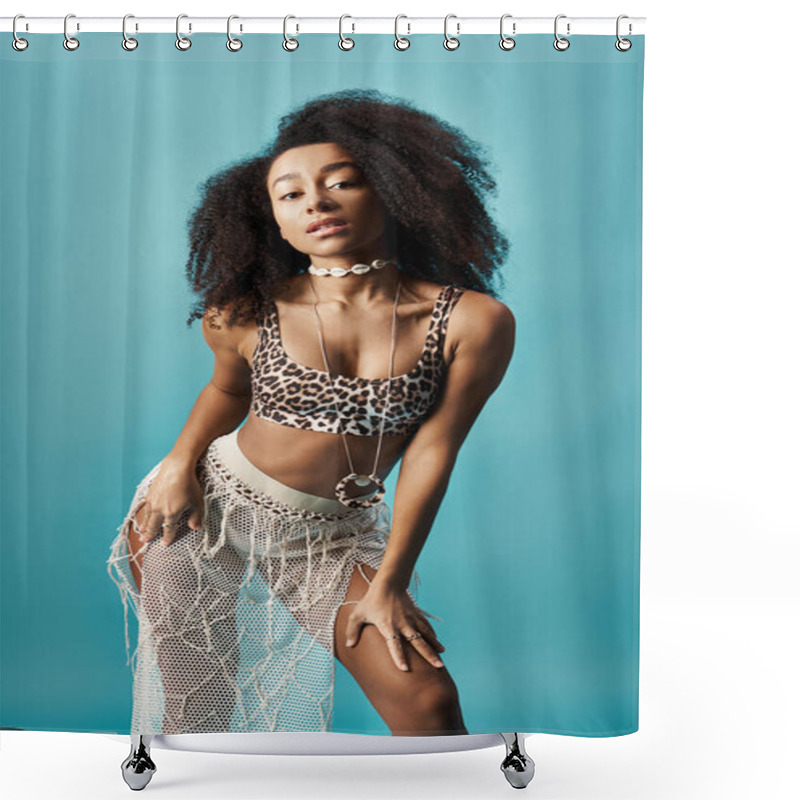 Personality  African American Woman In Leopard Print Top Posing Against Blue Background. Shower Curtains