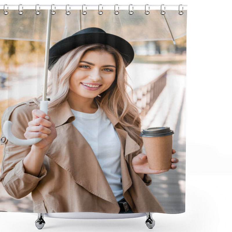 Personality  Woman In Hat Holding Umbrella And Paper Cup With Coffee To Go In Autumnal Park  Shower Curtains