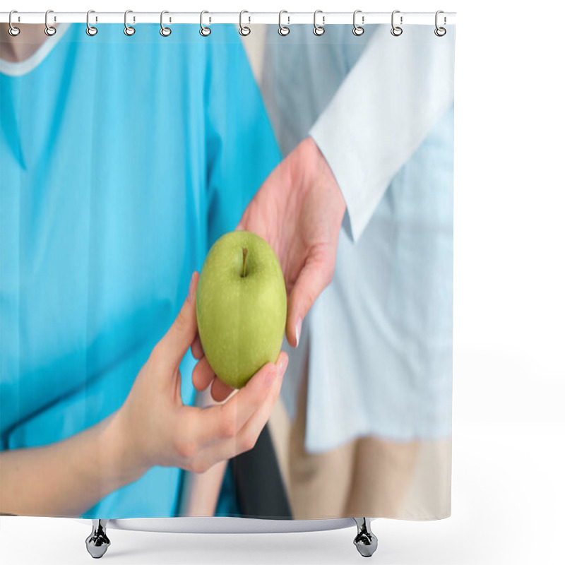 Personality  Cropped Shot Of Doctor Passing Green Apple To Pregnant Woman On Wheelchair Shower Curtains