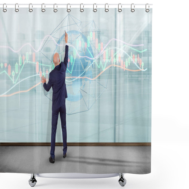 Personality  View Of A Businessman In Front Of A Wall With A 3d Render Stock Exchange Trading Data Information Display On A Futuristic Interface Shower Curtains