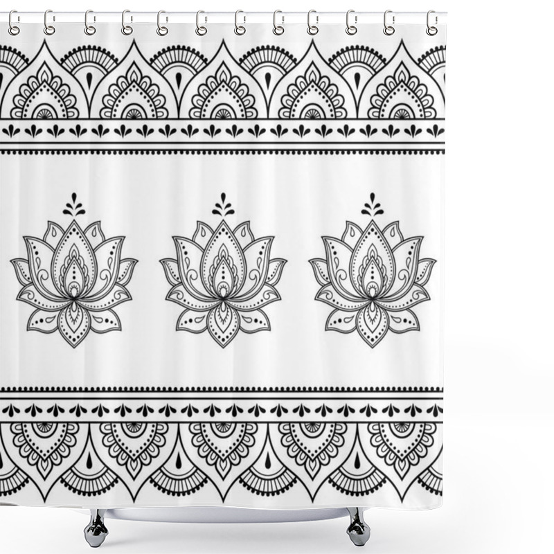 Personality  Set Of Mehndi Lotus Flower Pattern And Seamless Border For Henna Drawing And Tattoo. Decoration In Oriental, Indian Style. Shower Curtains