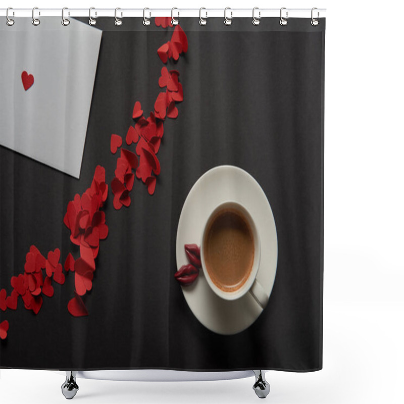 Personality  Top View Of White Greeting Card With Red Paper Cut Hearts And Cup Of Coffee  Shower Curtains