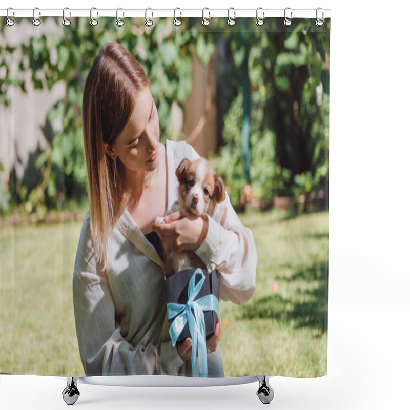 Personality  Blonde Girl Holding Welsh Corgi Puppy In Gift Box With Blue Ribbon Shower Curtains