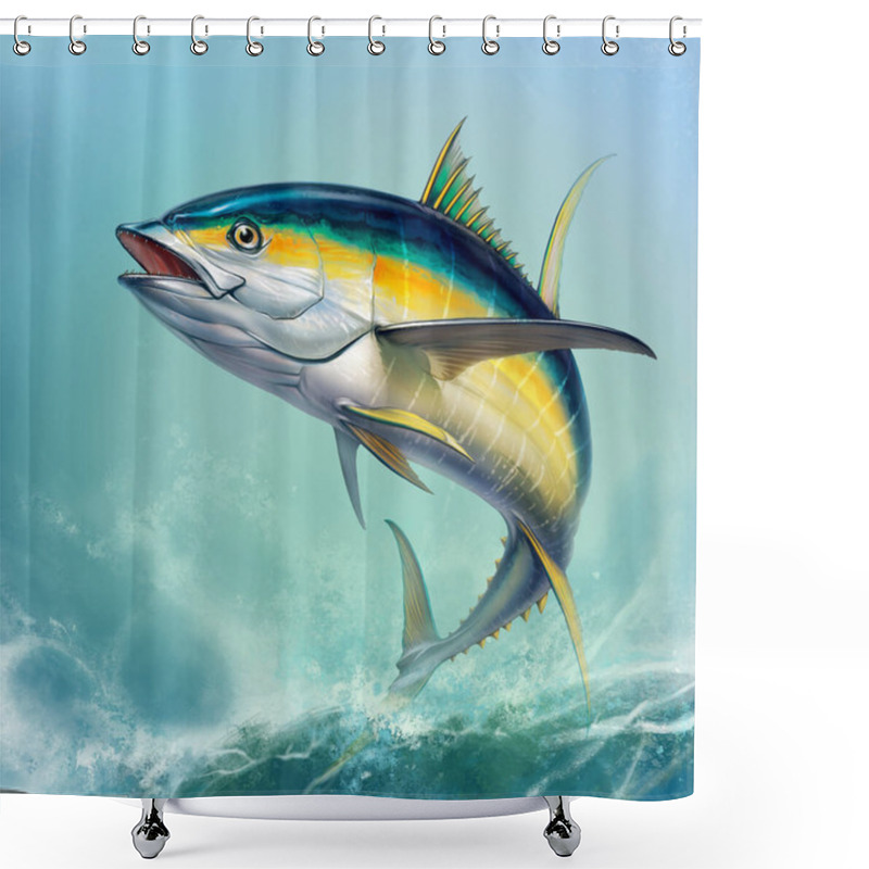 Personality  Yellow Tuna. Black Fin Yellow Tuna On White. Big Fish On The Bac Shower Curtains