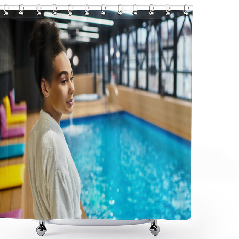 Personality  Relaxing In A Luxurious Spa Space, A Young Woman Embraces Tranquility And Wellbeing. Shower Curtains