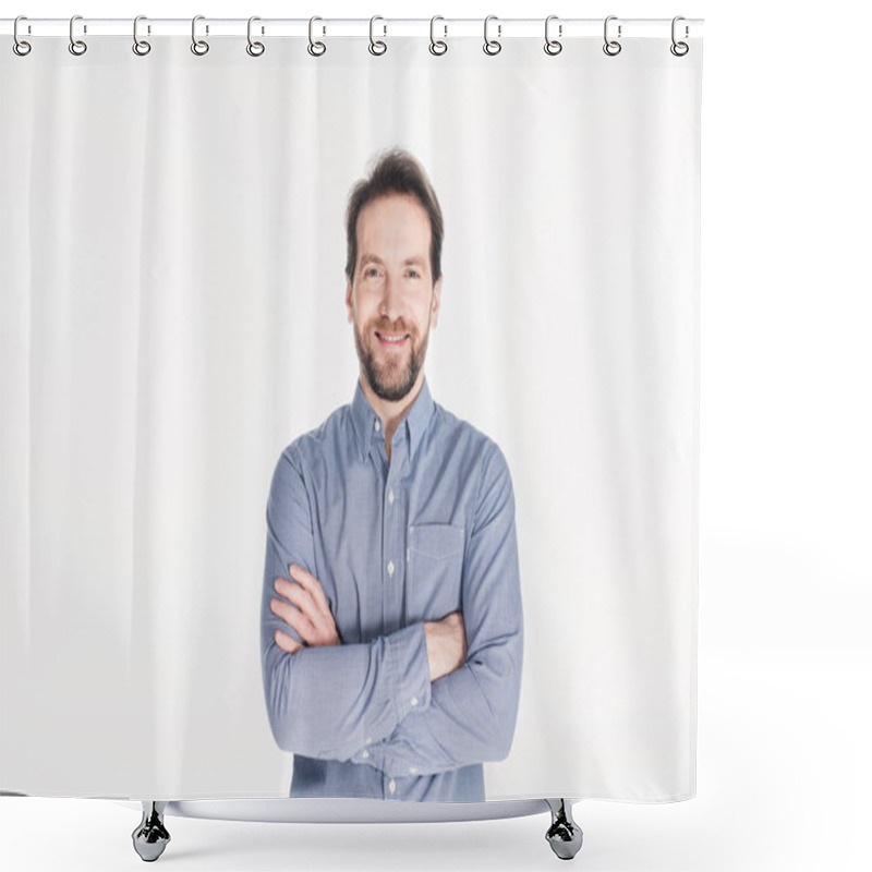 Personality  Portrait Of Smiling Bearded Man With Arms Crossed Looking At Camera Isolated On White Shower Curtains