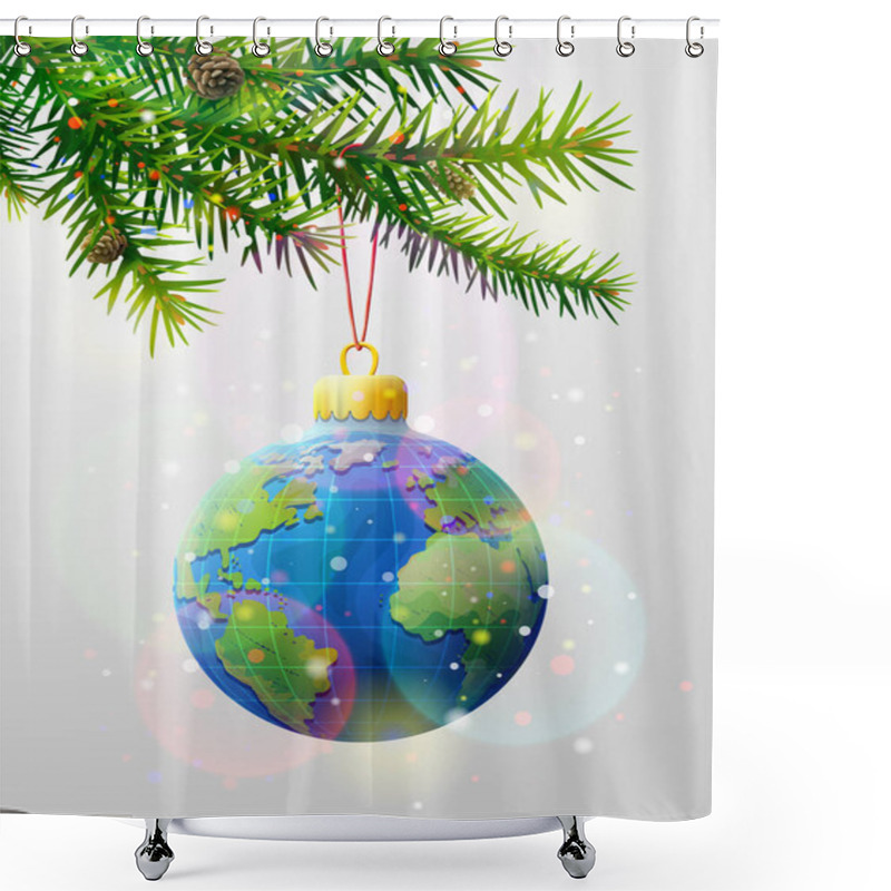 Personality  Christmas Tree Branch With Decorative Bauble Of Globe. Earth Planet Ball Hanging On Pine Twig As Christmas Ornament. Vector Image For Christmas, Travel, New Years Day, Geography, Decoration, Tourism, Etc Shower Curtains