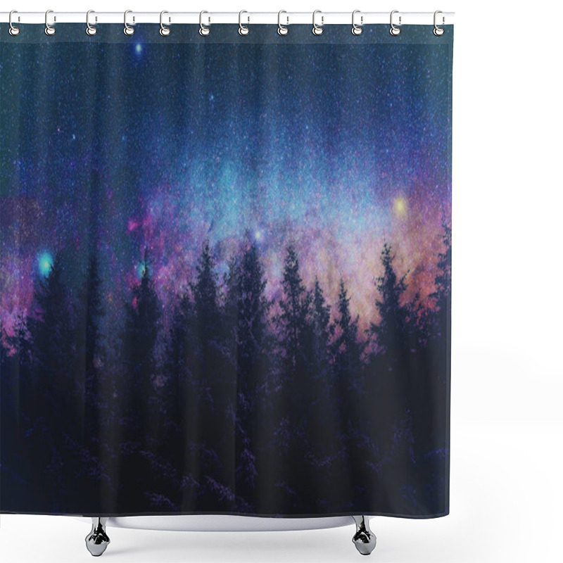 Personality  Bright Stars Shining In Night Sky Over Dark Silhouettes Of Trees, Space Concept  Shower Curtains