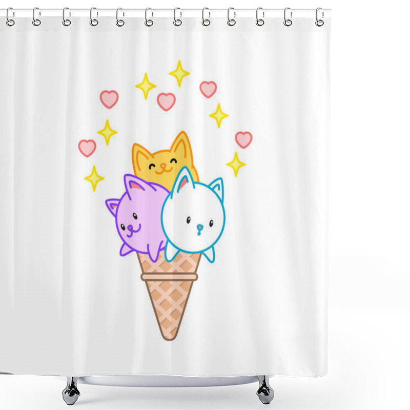 Personality  Cute Cat Ice-cream. Illustration Of A Sparkling Ice-cream Looks Like Three Kawaii Kittens Sitting In A Waffle Cone. Vector 8 EPS. Shower Curtains