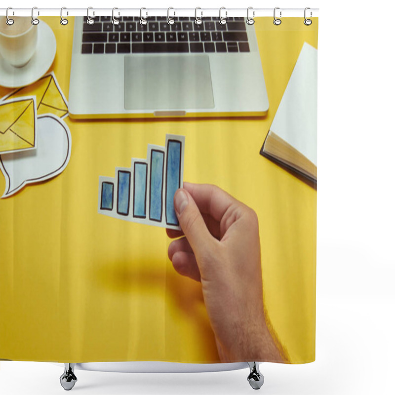 Personality  Cropped Image Of Man Holding Paper Chart Sign Near Laptop Shower Curtains