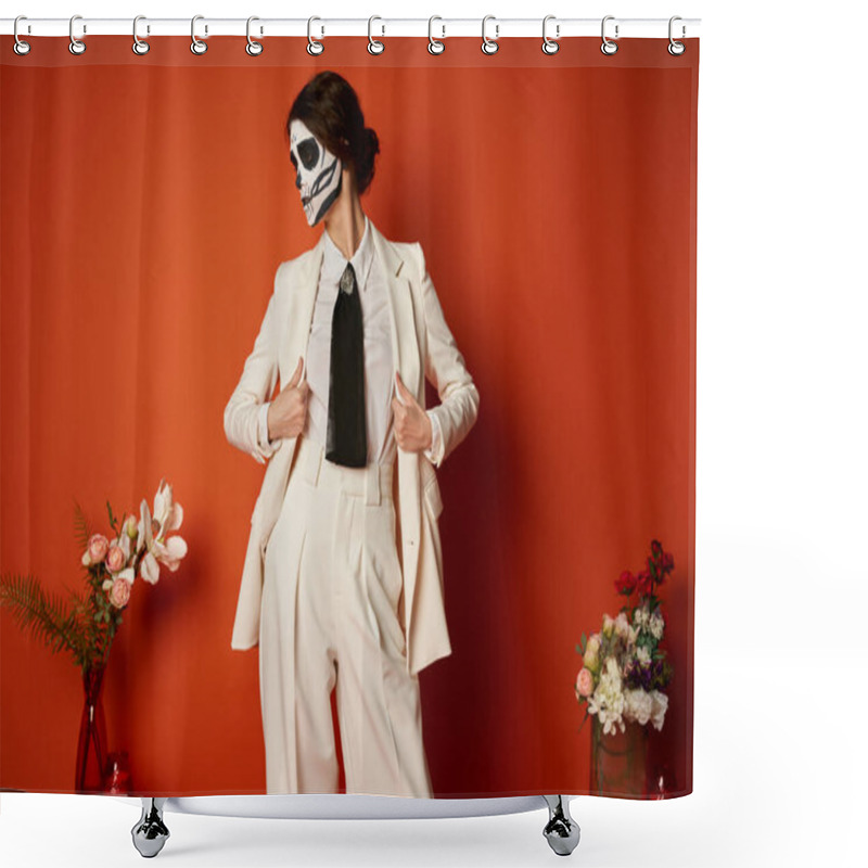 Personality  Woman In Catrina Makeup And White Suit Near Traditional Dia De Los Muertos Altar With Flowers On Red Shower Curtains