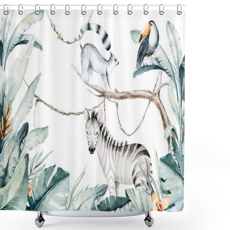 Personality  Watercolor Jungle Illustration Of A Lemur And Toucan On White Background. Madagascar Fauna Zoo Exotic Lemurs Animal. Tropical Design Poster. Shower Curtains