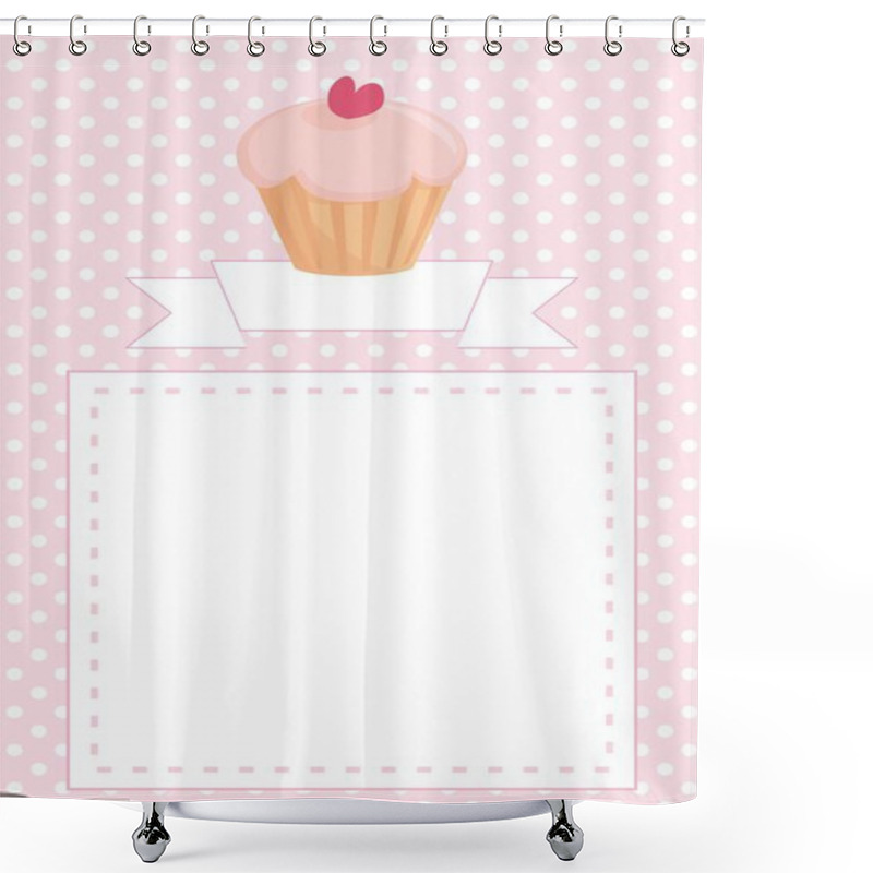 Personality  Vector Button, Restaurant Menu, Wedding Card, List Or Baby Shower Invitation With Sweet Retro Cupcake On Pink Vintage Pattern White Polka Dots Shower Curtains