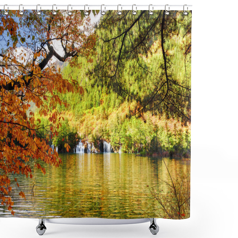 Personality  Lake With Crystal Clear Water Among Foliage Of Trees In Autumn Shower Curtains