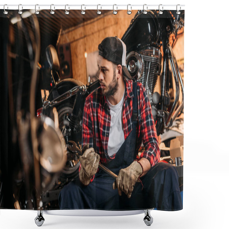 Personality  Handsome Bike Repair Station Worker With Wrench Sitting In Front Of Motorcycle Shower Curtains