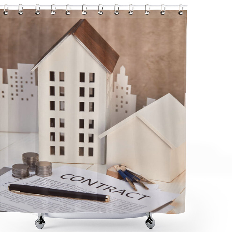 Personality  Houses Models On White Wooden Table With Contract, Coins And Keys Near Brown Textured Wall, Real Estate Concept Shower Curtains