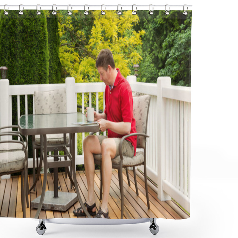 Personality  Mature Man Reading Outside On Patio  Shower Curtains