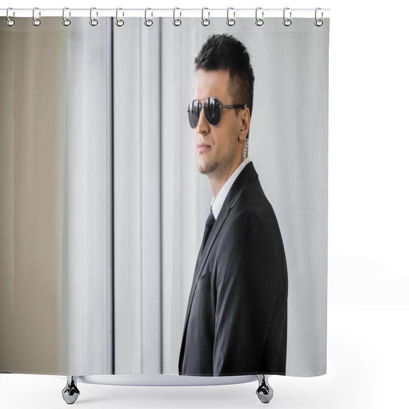 Personality  Professional Headshots, Bodyguard Work, Good Looking Man In Sunglasses And Black Suit With Tie, Hotel Safety, Security Management, Surveillance And Vigilance, Uniformed Guard On Duty Shower Curtains