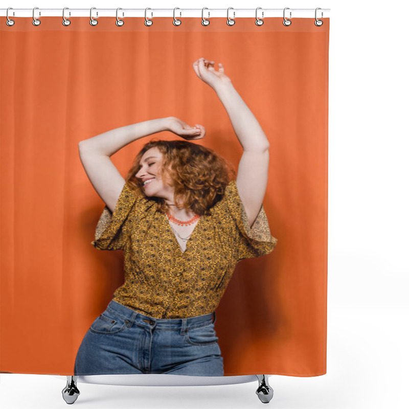 Personality  Cheerful Young Red Haired Woman In Yellow Blouse With Abstract Pattern And Jeans Dancing While Standing On Orange Background, Stylish Casual Outfit And Summer Vibes Concept, Youth Culture Shower Curtains