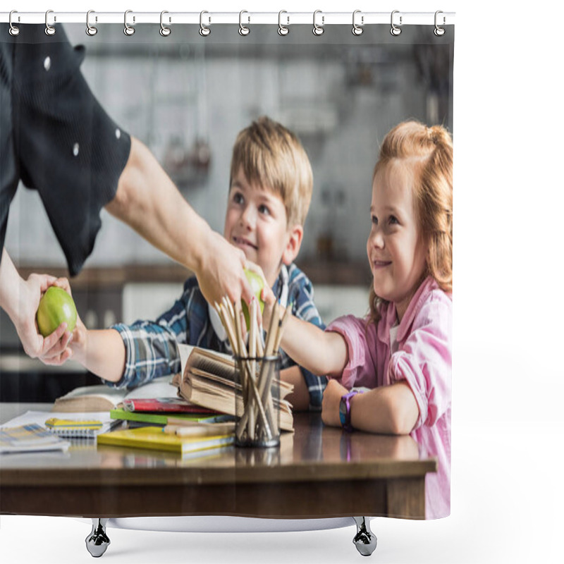 Personality  Cropped Shot Of Mother Giving Apples To Her Children While They Doing Homework Shower Curtains