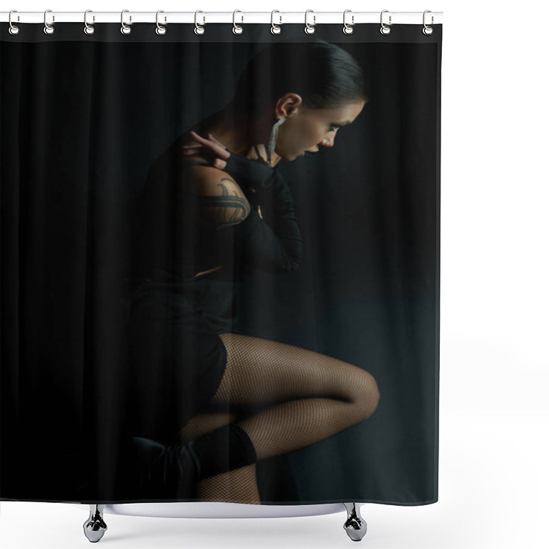 Personality  Side View Of Alluring Tattooed Woman In Sexy Dress And Fishnet Tights Sitting On Black, Dark Beauty Shower Curtains