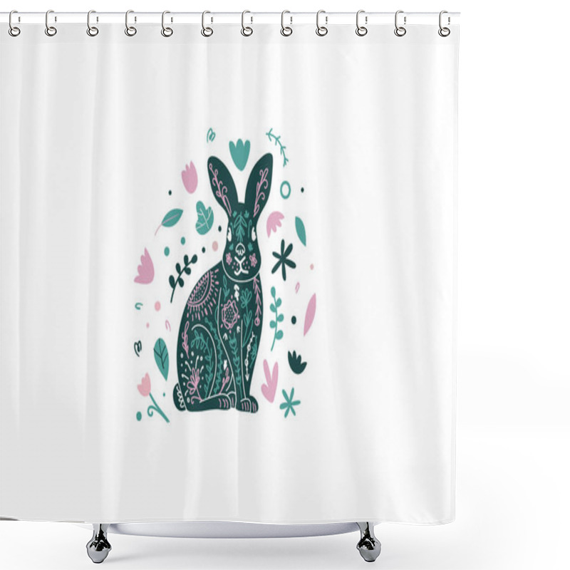 Personality  Floral Bunny Emblem. Cute Scandi Rabbit, Easter Bunny Illustration. Vector Funky Print With Bunny In Simple Minimal Style Shower Curtains