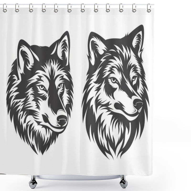 Personality  Two Detailed Wolf Head Illustrations Showcasing Fierce Expressions And Distinct Fur Patterns. Shower Curtains