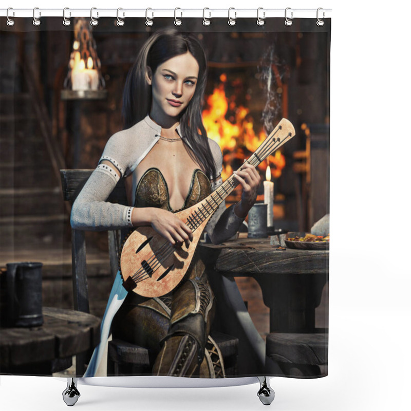 Personality  Elegant Fantasy Female Bard Plays A Song In A Medieval Tavern With Her Favorite Lute Instrument. 3d Rendering Shower Curtains