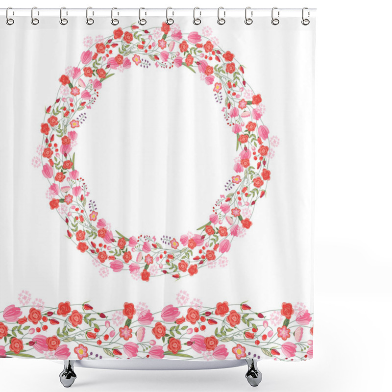 Personality  Round Garland And Seamless Pattern Brush With Romantic Pink Flowers. For Season Design, Announcements, Postcards, Posters. Shower Curtains