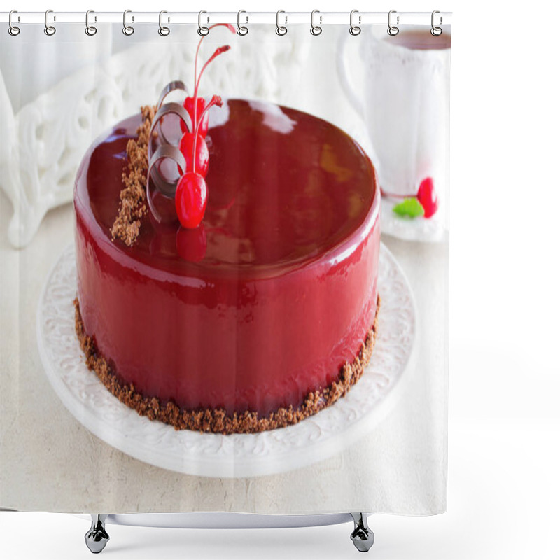 Personality  Chocolate Cherry Cake Covered With A Mirror Coating. Shower Curtains