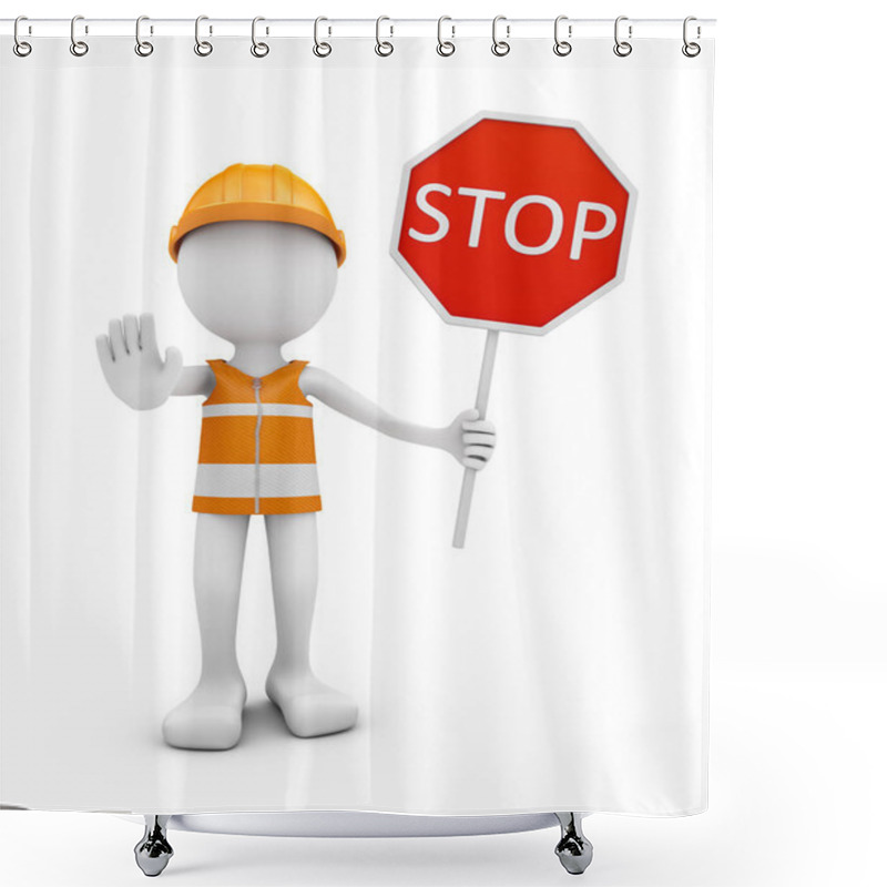 Personality  Road Worker With Helmet And Traffic Sign STOP. 3d Rendering. Shower Curtains