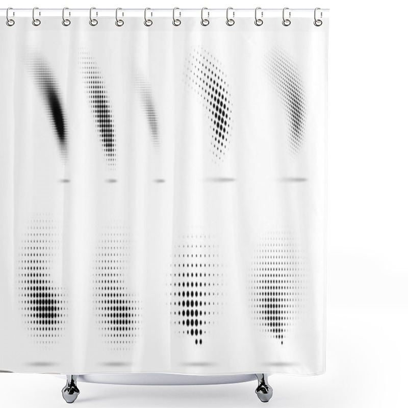 Personality  Set Of Halftone Dots Curved Gradient Pattern Texture Isolated On White Background. Curve Dotted Spots Using Halftone Circle Dot Raster Texture Collection. Vector Blot Half Tone Collection.  Shower Curtains