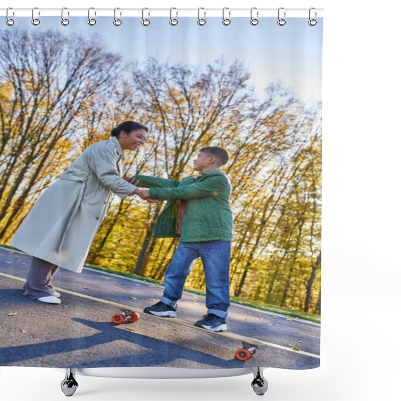 Personality  Happy Childhood, African American Mother And Son On Penny Board, Woman And Boy, Hold Hands, Autumn Shower Curtains