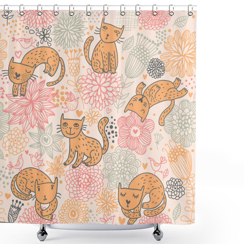 Personality  Funny Childish Cartoon Kittens In Flowers. Shower Curtains