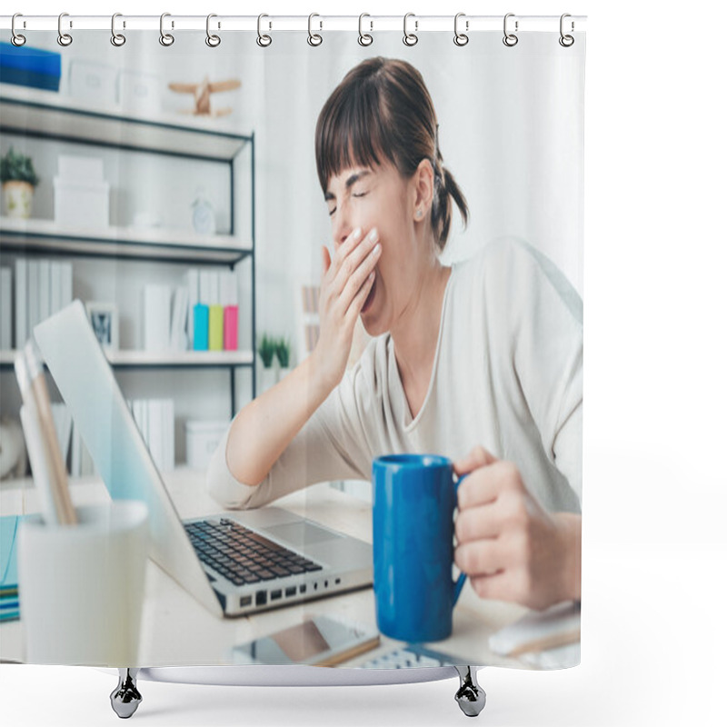 Personality  Tired Woman Working At Office Desk Shower Curtains