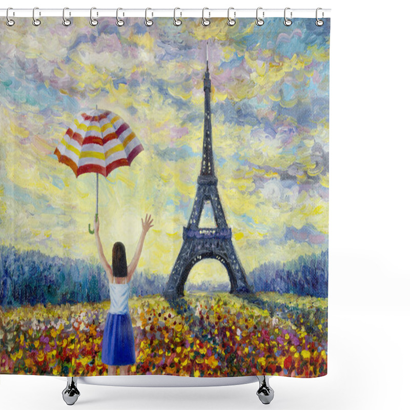 Personality  Women Travel, Paris European City Famous Landmark Of The World. France Eiffel Tower And Sun, Daisy Flower Multicolor In Garden, With Spring Season, Vintage Style. Abstract Oil Painting Illustration Shower Curtains