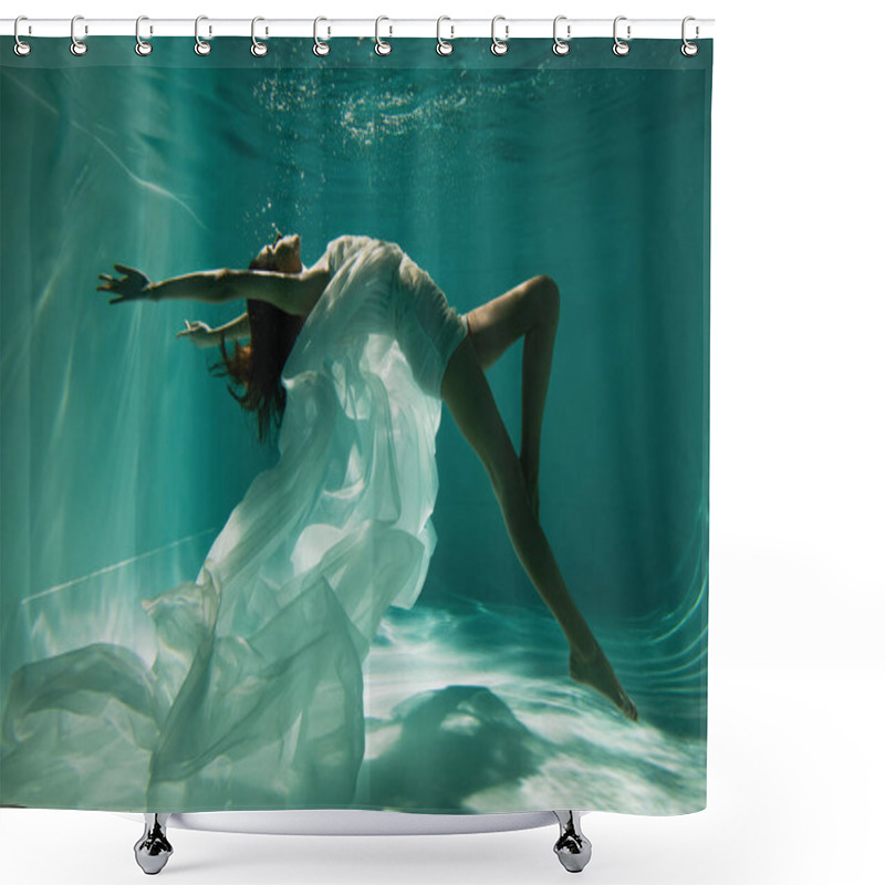 Personality  Barefoot Woman In White Elegant Dress Swimming In Pool  Shower Curtains