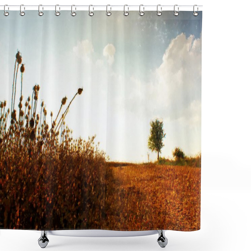 Personality  Watercolor Paint. Paint Effect. Long Dry Stalk Of Poppy Seed. Poppy Heads Waiting For  Harvesting Shower Curtains