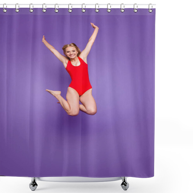 Personality  Celebrate Yes Hooray Yeah Win Winner Person Concept. Vertical Full Body Length Size Photo Portrait Of Beautiful Cheerful Funny Girl Diving From Bungee Springboard Isolated Purple Violet Background Shower Curtains